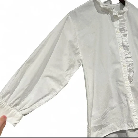 ZARA Poplin Ruffle 3/4 Long Sleeve Button Up Blouse | White | Size 10 - Picture 3 of 8